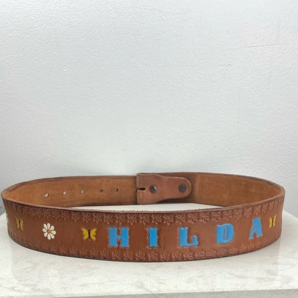 Vintage 70’s Tooled and Hand Painted Leather Belt Brown